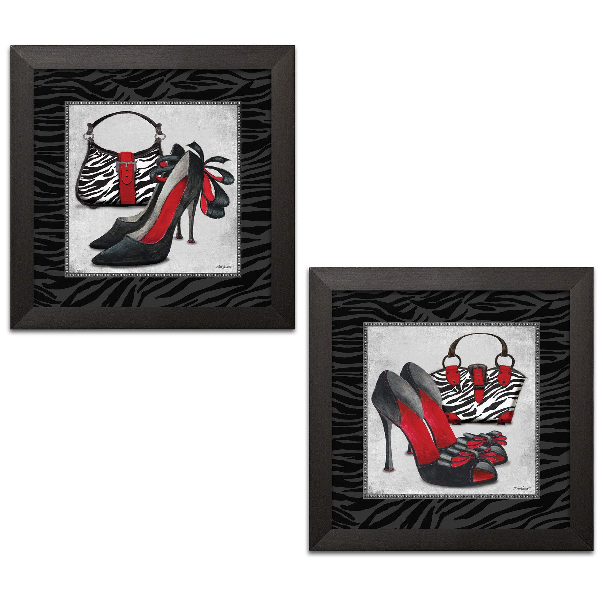Gango Home Decor Exotic Zebra Print; Fun Popular Trendy Purse and High-Heel Set; Two 12x12in Black Framed Prints; Ready to hang! Black/White/Red