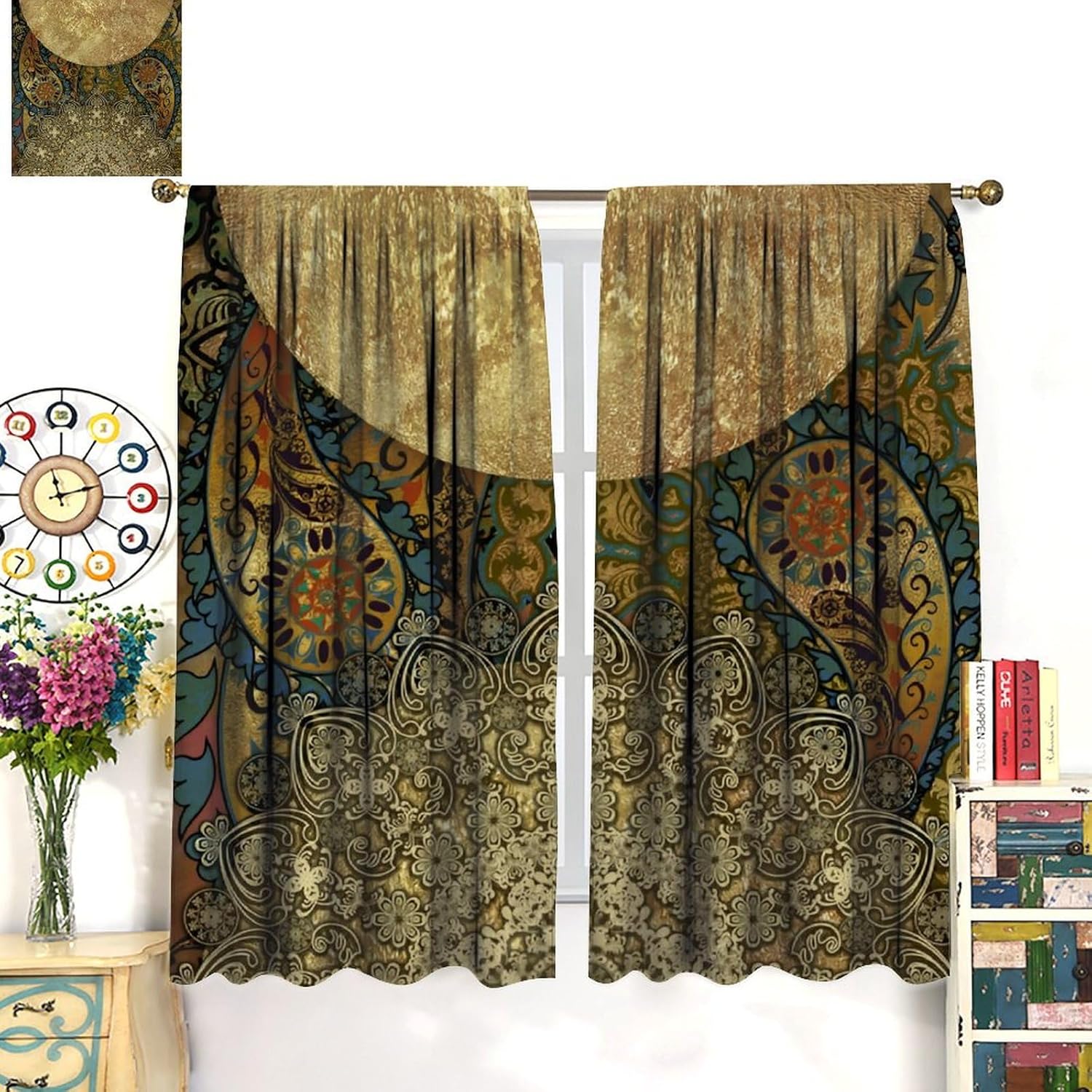 Colorful Mandala Boho Flower Curtains, Abstract Geometry Bohemian Mandala Floral Print for Room Window Decor, Rod Pocket Blackout Drapes for Living Room Bedroom Kitchen 2 Panel Set 21"W X 54"L