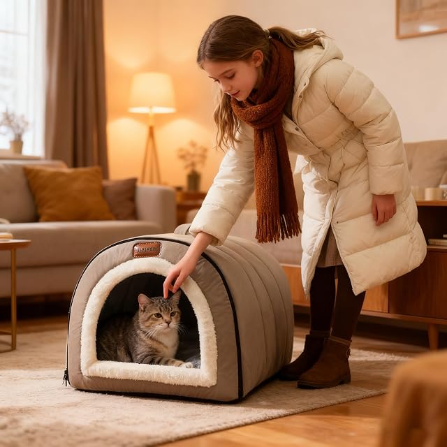 Foto 2 de 7 de PETCUTE Caseta para Mascotas 2 en 1,Cama Plegable para Perros,Cueva Relajante para Gatos con Cojín…