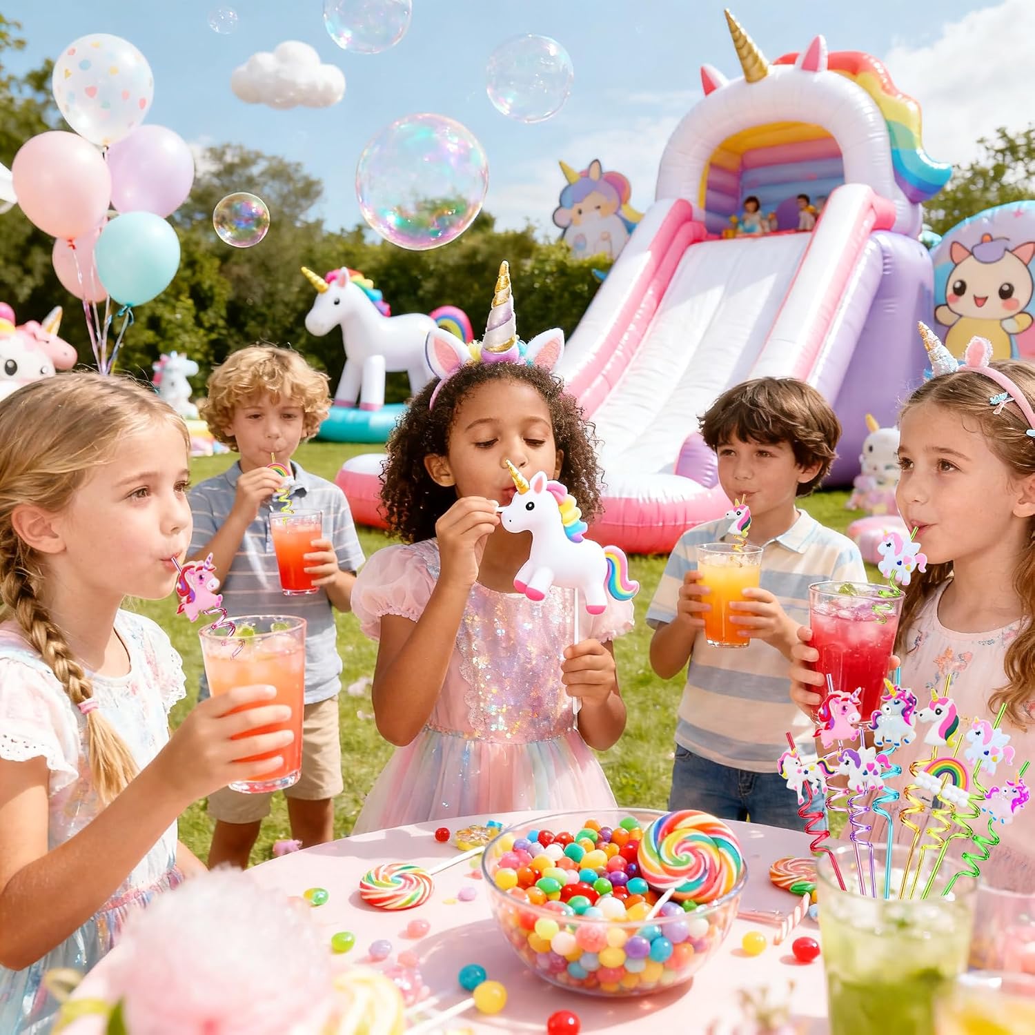 24 Reusable Unicorn Drinking Plastic Straws for Girls Boys Birthday Party