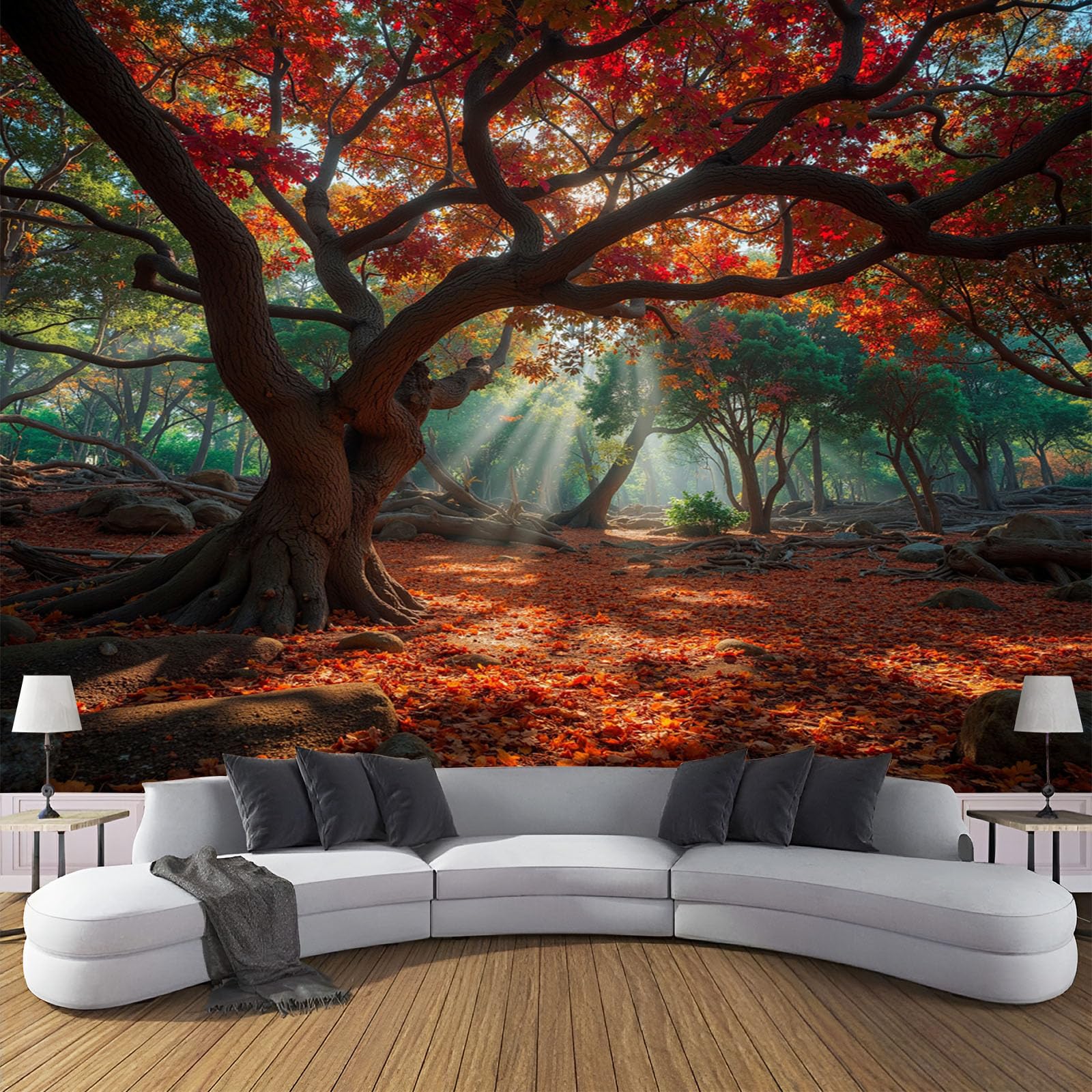Tapisserie panoramique salon au motif automne naturel orange derrière canapé