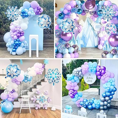 Miniatura 6 de Arco de globos de invierno del país de las maravillas, 125 globos de copo de nieve de 1218 pulgadas, globos de confeti metálico azul morado con