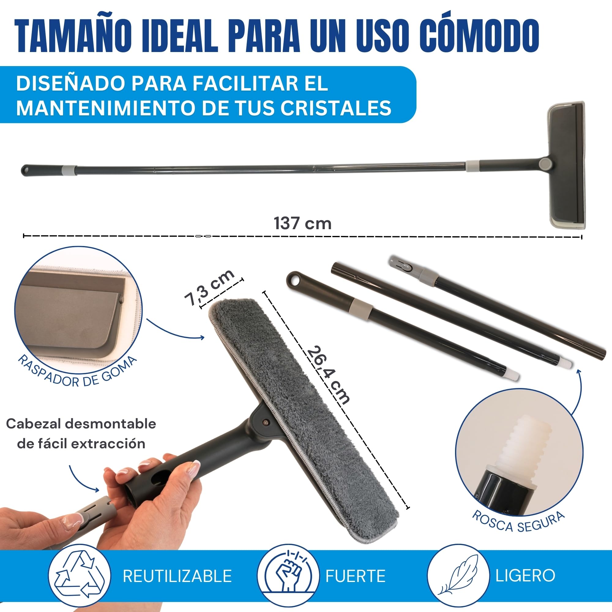 DAVAY Limpia Cristales 2 en 1 - Cabezal Giratorio 360º y Mango Desmontable - Ideal para Limpiar Cristales por Dentro y por Fuera -Limpiador Extensible 135cm de Largo - Adecuado para Vidrios y Espejos