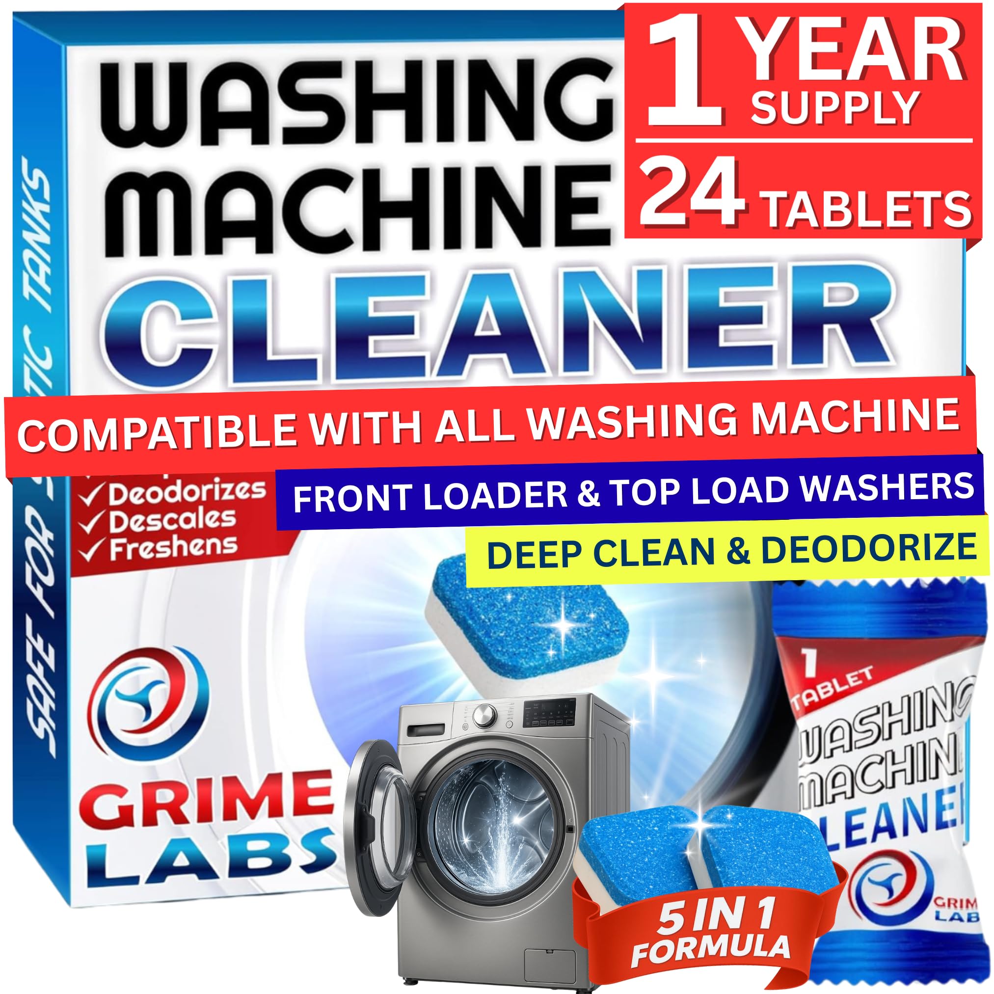 Washing Machine Cleaner Tablets - Penetrating Deep Clean Washer Cleaner Tablets For Front Loader And Top Load HE - Active Oxygen Formula Tub Descaler Deodorizer