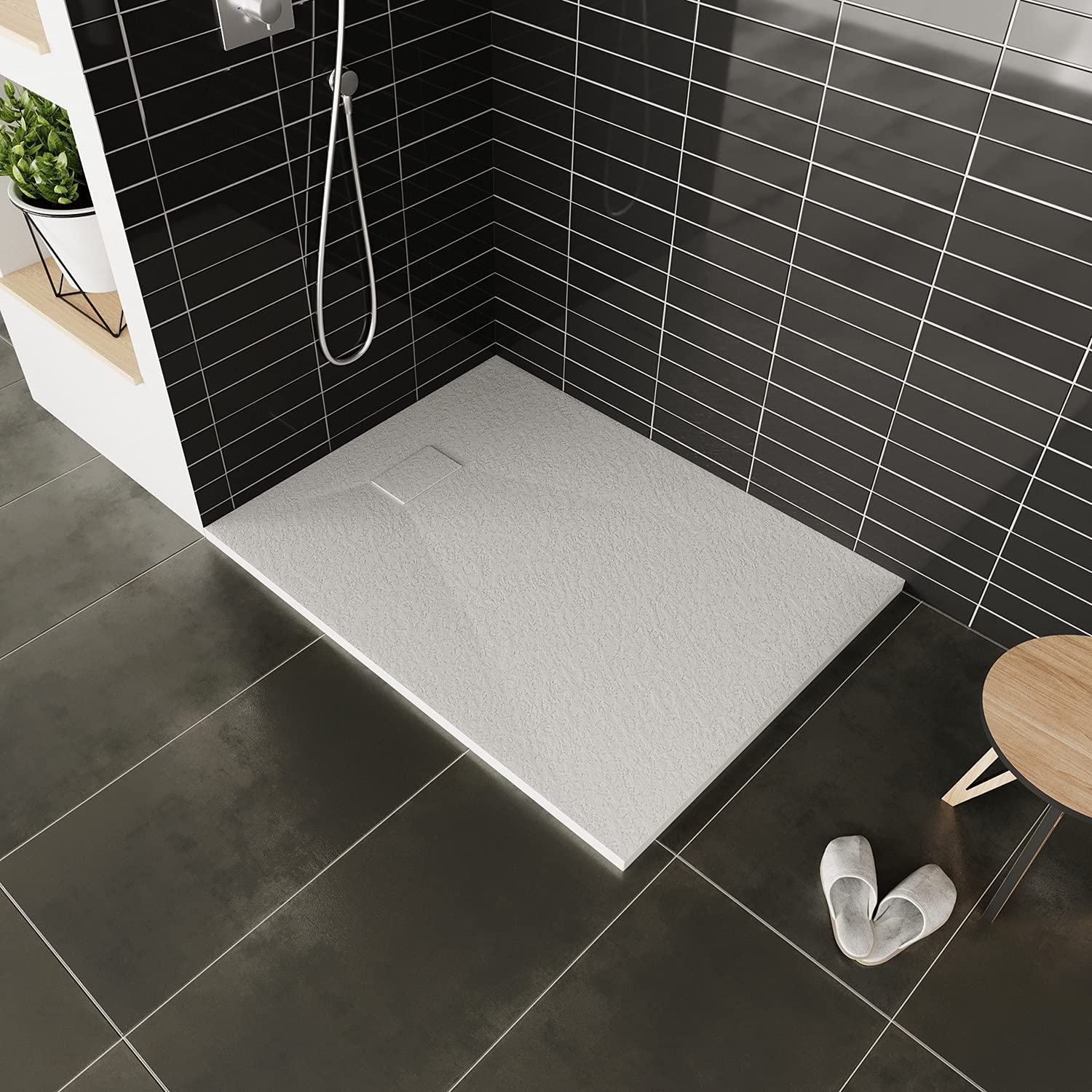 BAYA Receveur de douche extra-plat aspect pierre ardoise Blanc 80 x 180 cm + bonde