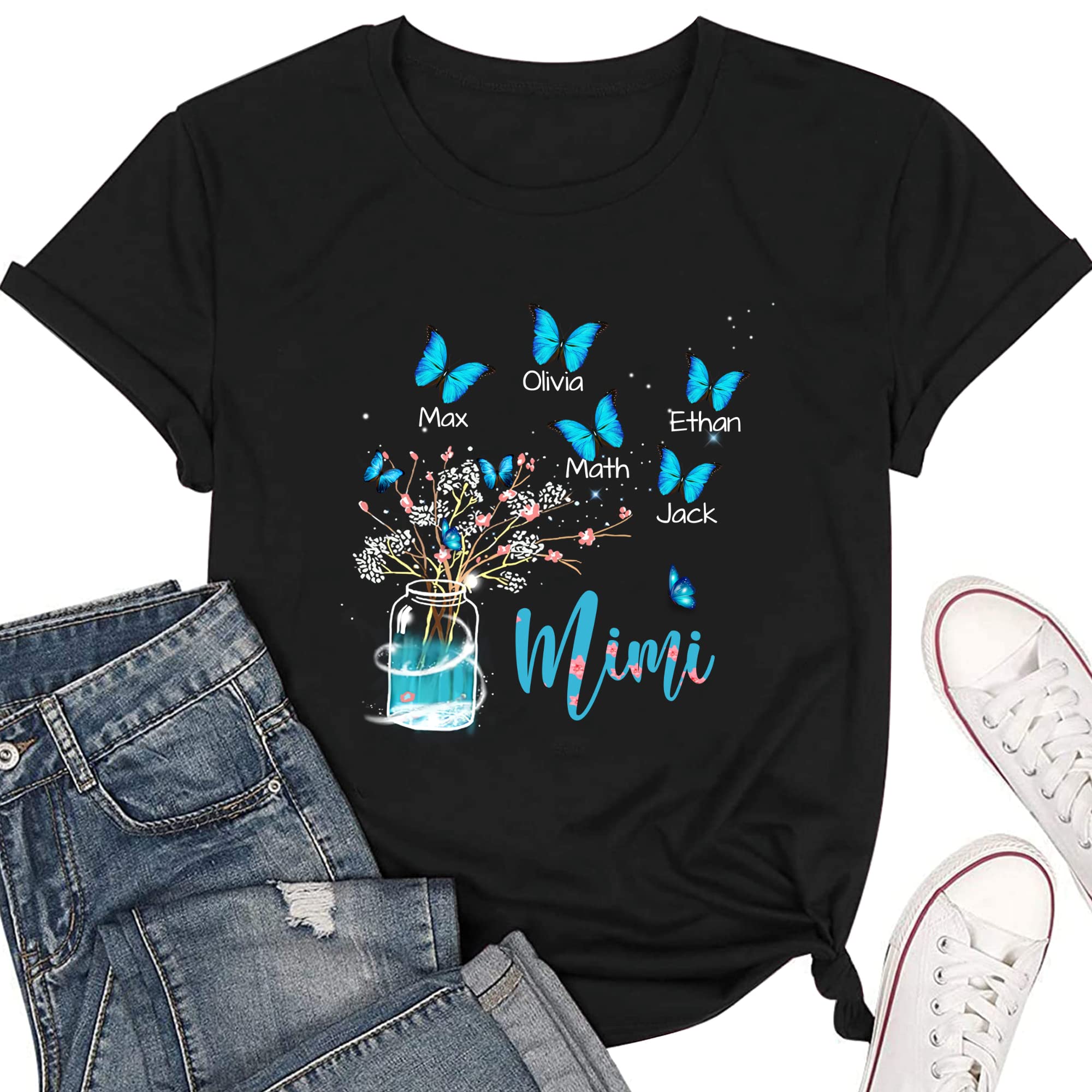 Personalized Mom Grandma Blue Butterfly Shirt, Custom Name Nana Mommy Mama Abuela Long Sleeve Sweatshirt Hoodie