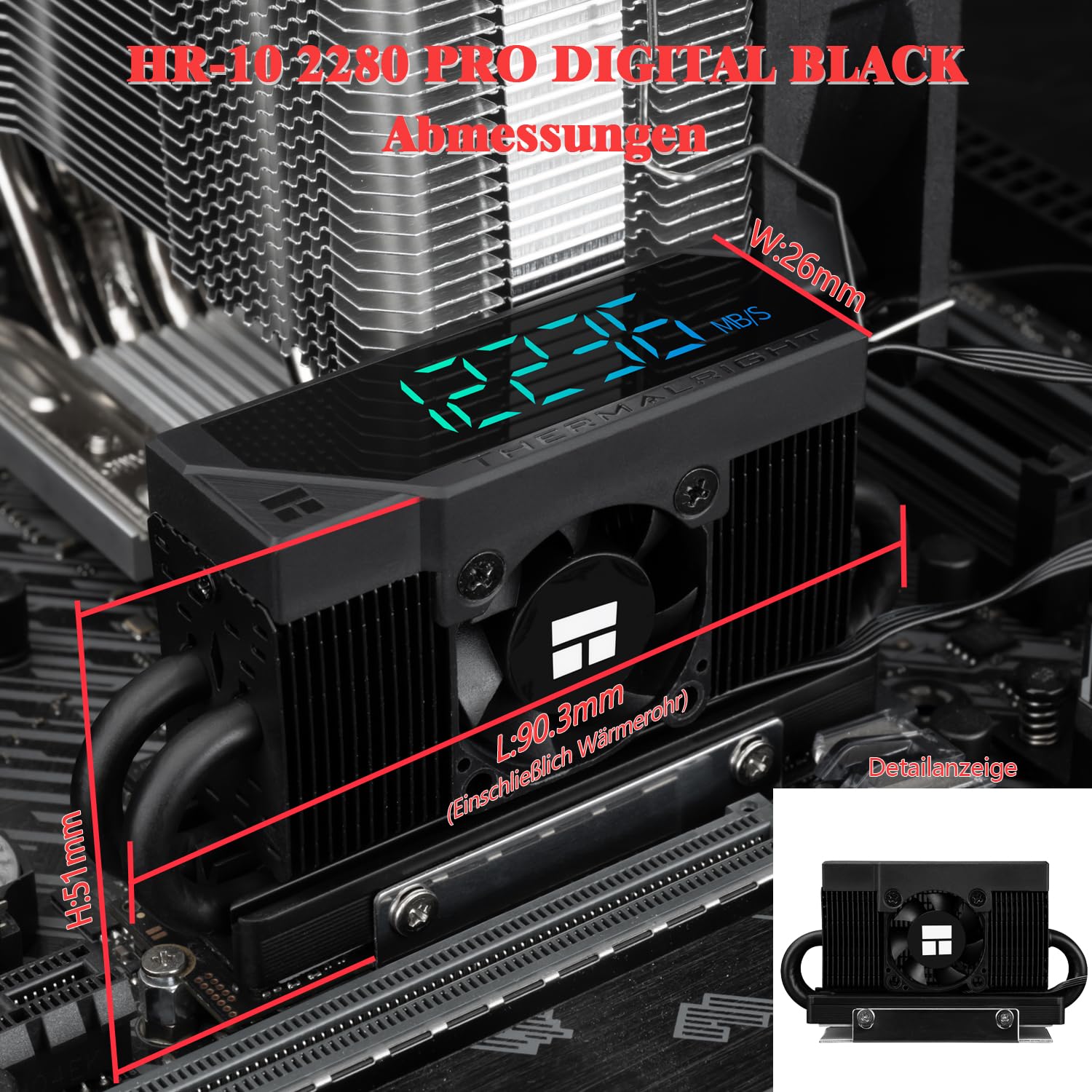 Thermalright-TR Monitor de temperatura de estado sólido HR10 2280 PRO Digital Black Precision, 2280 SSD Cooler, pantalla digital ARGB integrada y control inteligente de ventilador PWM, hasta 6500 rpm