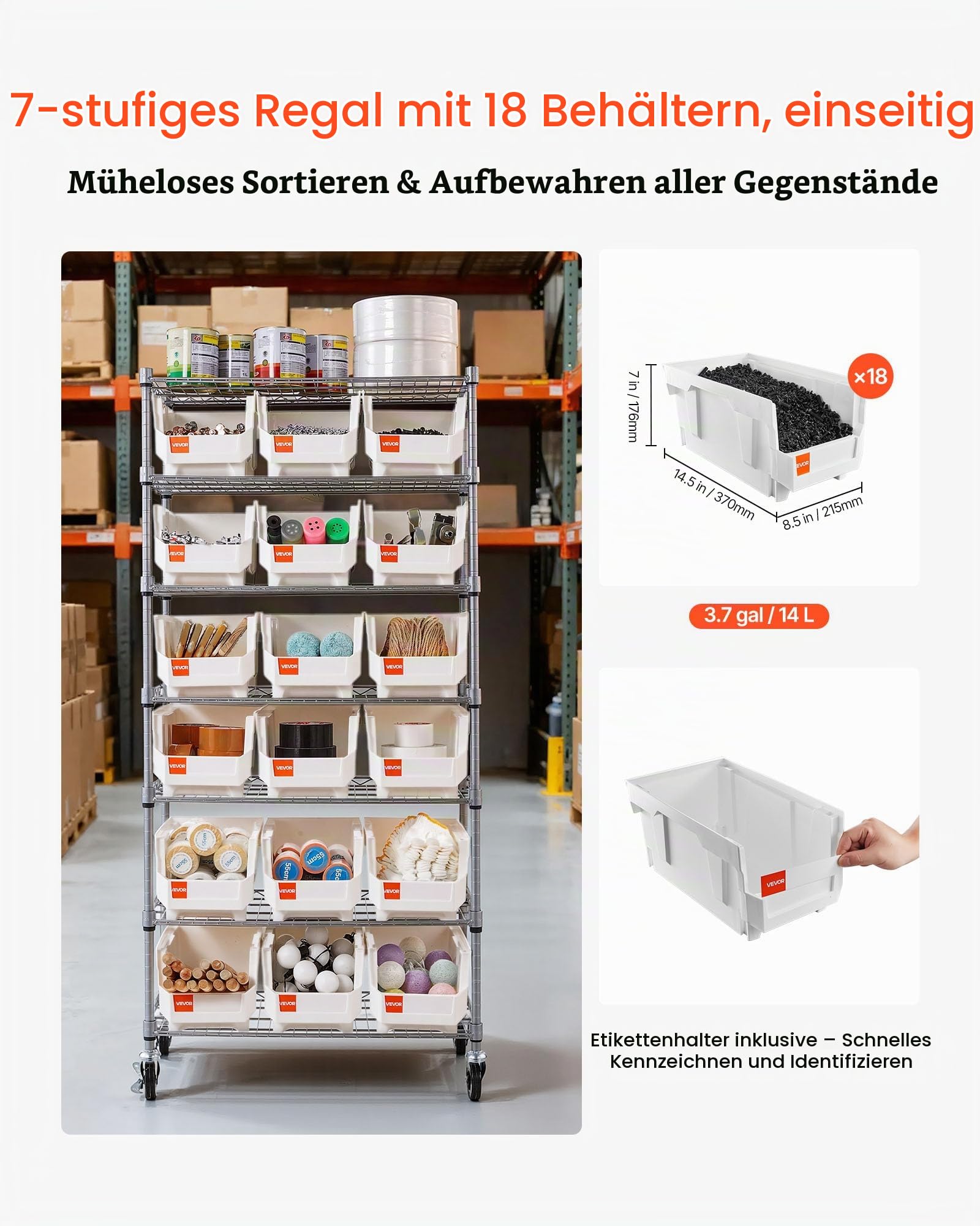 VEVOR Standregal, Lagerregal mit 7 Ebenen & 18 Stapelboxen, Bücherregal, Küchenregal mit Rollen, Werkzeugaufbewahrung für Garage, Lager, Büro, Restaurant, Klassenzimmer, Küche, 690x355x1490 mm