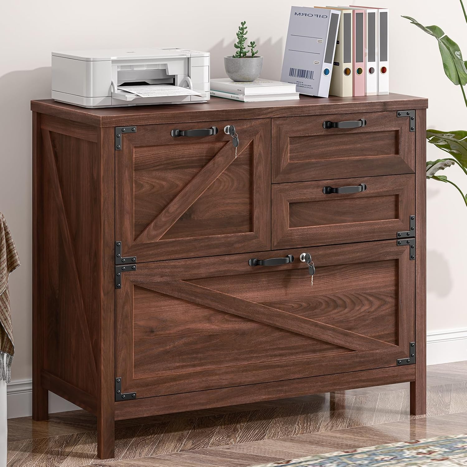 Vabches 4-Drawer Wood Lateral File Cabinet for Hanging Files Letter/A4/Legal Size, Large Farmhouse File Cabinets for Home Office, Printer Stand with Office Cabinets, Office Furniture, Dark Rustic Oak