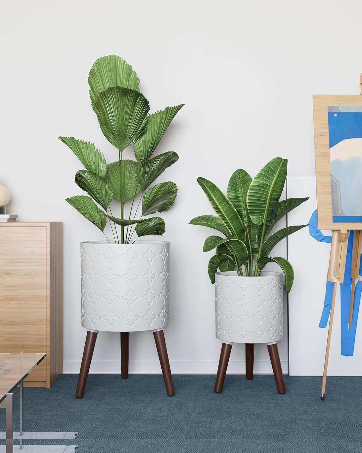Planter with Stand,Set of 2 – Large Indoor Plant Pots & Drainage, Matte White