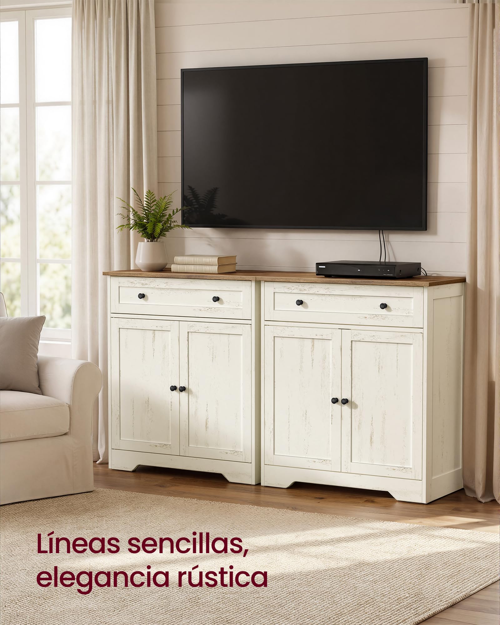 VASAGLE Siren Colección - Aparador, Armario Almacenaje, con Cajón y Estante Ajustable, Doble Puerta, Rincón de Café, 40 x 72 x 80 cm, Blanco Rústico LSC521WJ01