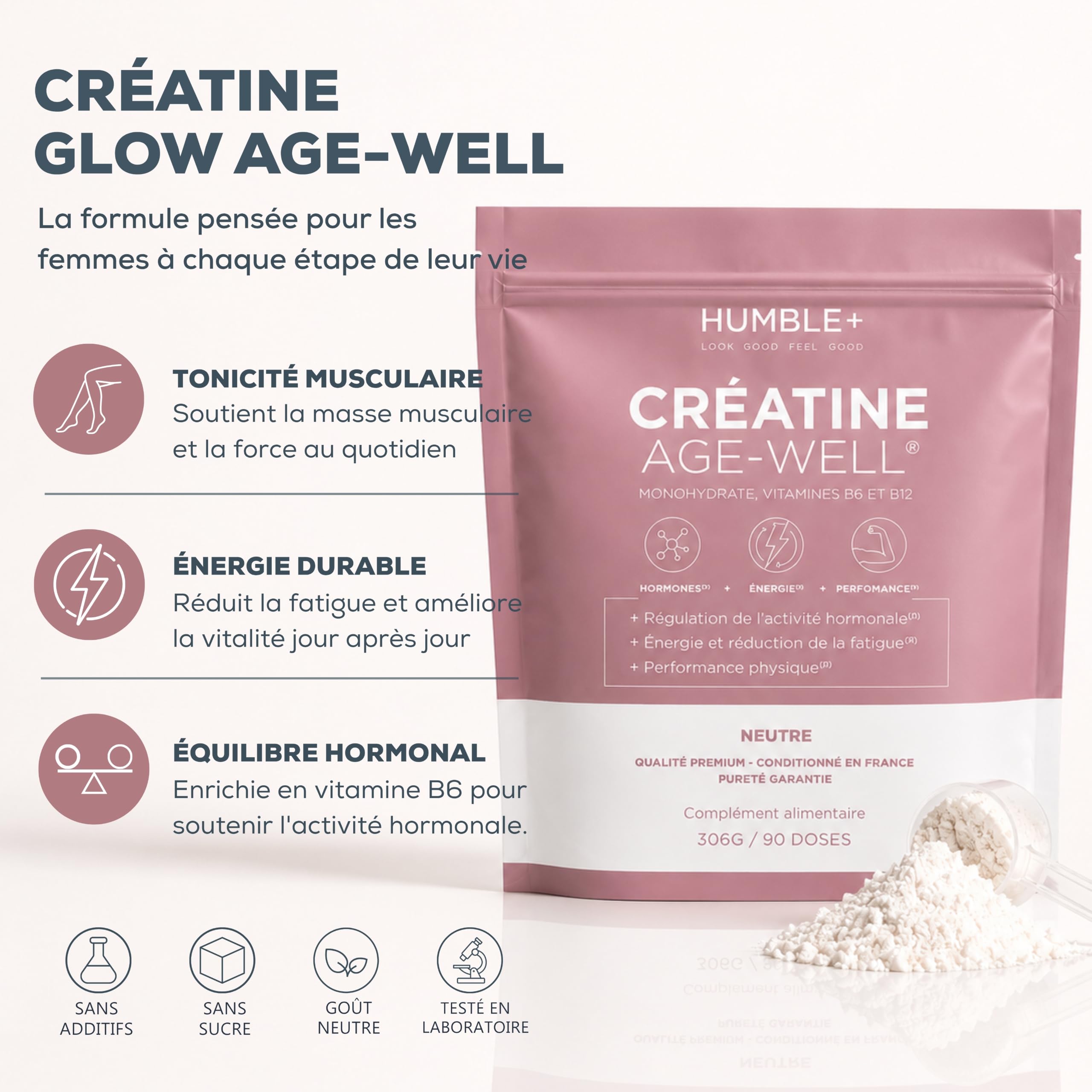HUMBLE+ Créatine Glow Age-Well® - Créatine Monohydrate + Vitamines B6 et B12-310 g - 90 Portions - Marque Française