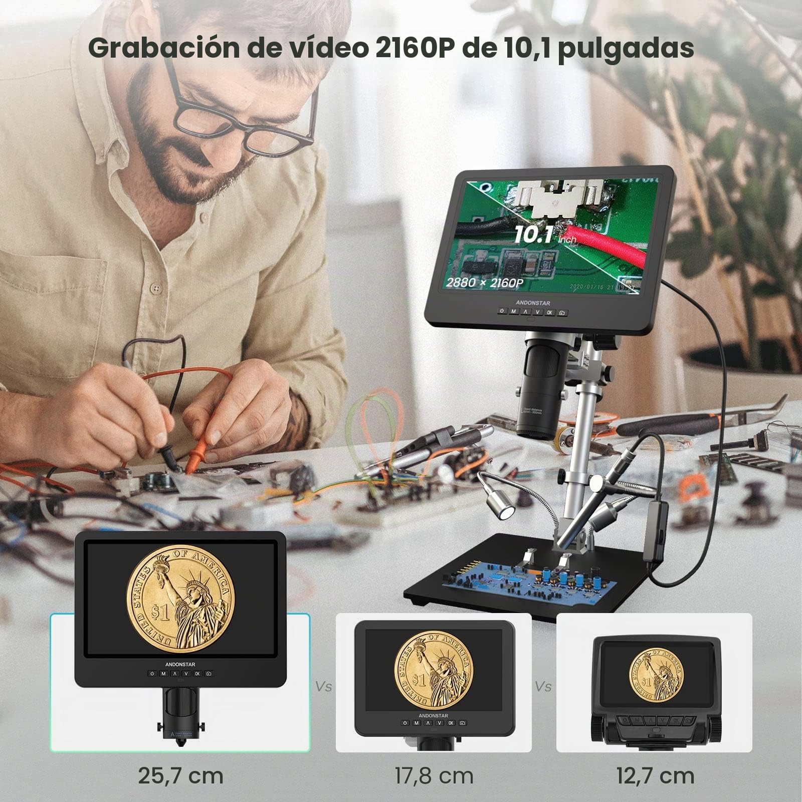 Andonstar AD249S-M Microscopio digital HDMI de 3 lentes 2000x con endoscopio, grabación de video UHD 2160P, microscopio LCD de 10.1 pulgadas, microscopio electrónico de soldadura, microscopio