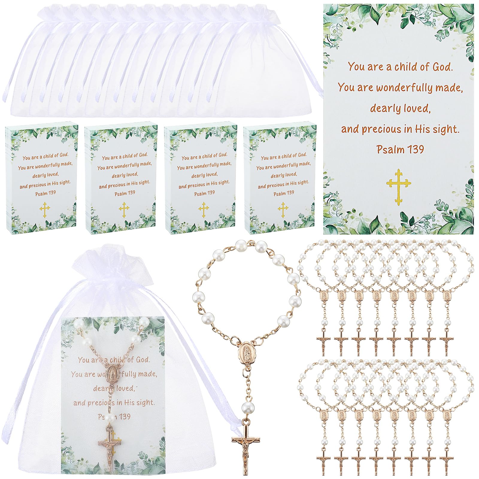 Quelay 50 Sets Taufgeschenke-Set, Mini-Rosenkränze, Tauf-Rosenkranz, Perlen, Kunstperlen mit Kreuz, Psalm-Karten und Organza-Beuteln, elfenbeinfarben, Tauf-Rosenkränze, Grußkarten für Babyparty,