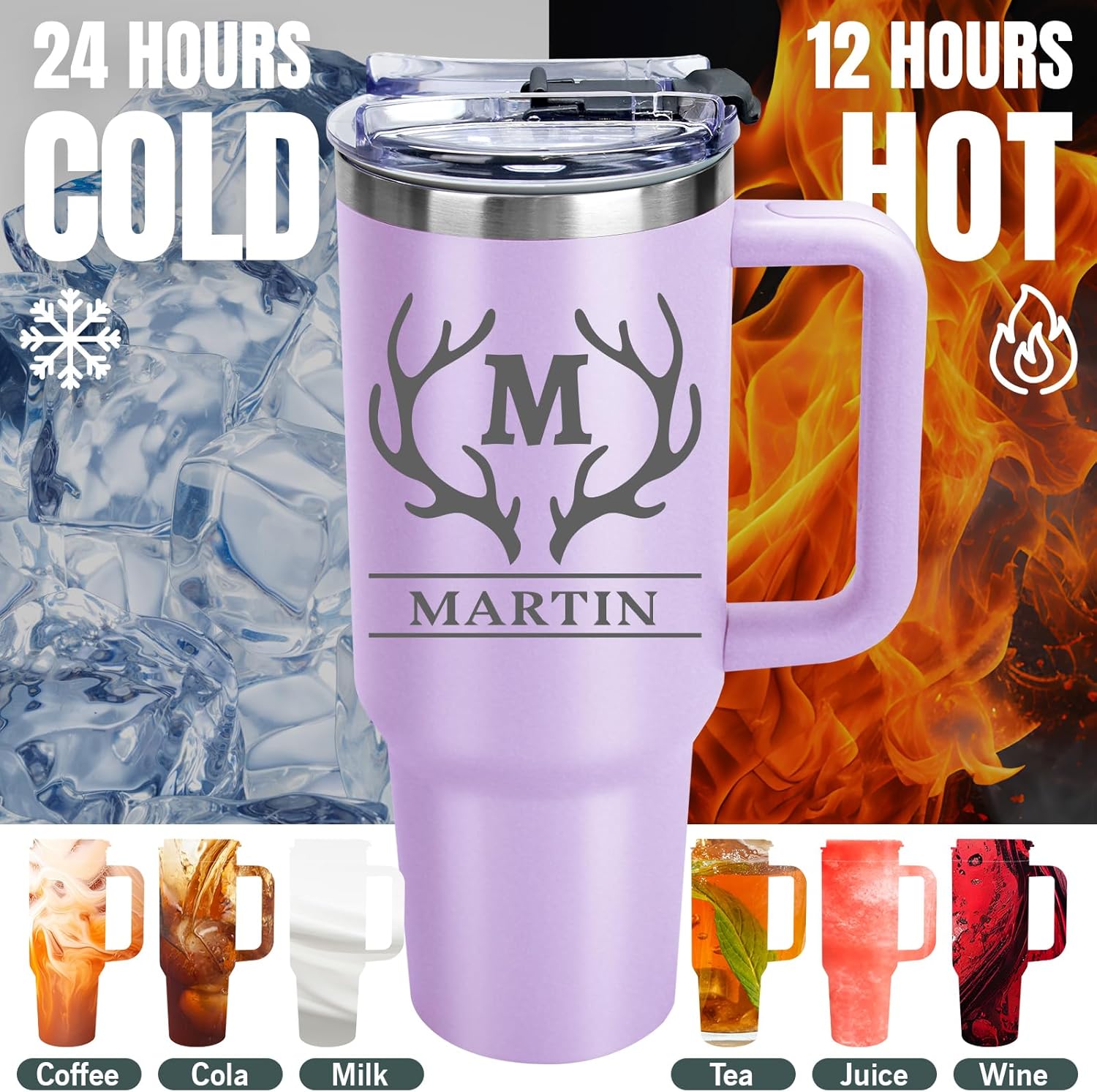 Personalized 40 oz Tumbler with Handle and Straw Gifts for Mom Dad Personalized Tumbler with Name Stainless Steel Travel Coffee Mug Cup Water Bottle Father's Day Gifts Personalized Gifts for Women Men