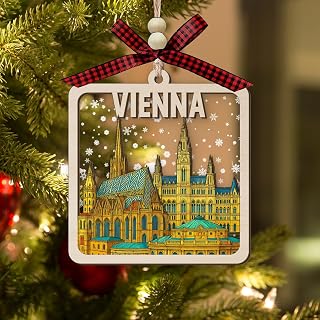 Vienna Wooden Christmas Ornament, 2-Layer Wood and Acrylic Skyline Decoration with St. Stephen's Cathedral- Rathaus and Opera House in Snowy Winter Scene, Holiday Souvenir Gift