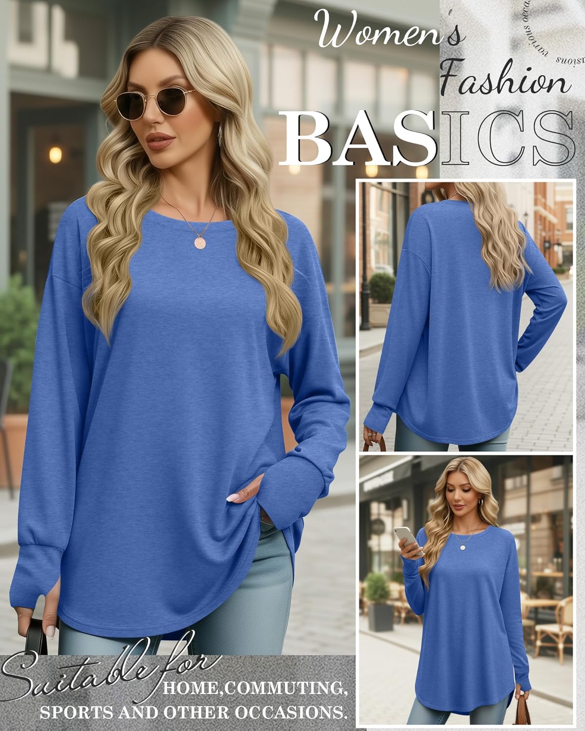95% Cotton Long Sleeve Shirt for Women, Thumb Hole Oversized Tunic Tops, Crew Neck Loose Fit Trendy Basic Tees - Image 2