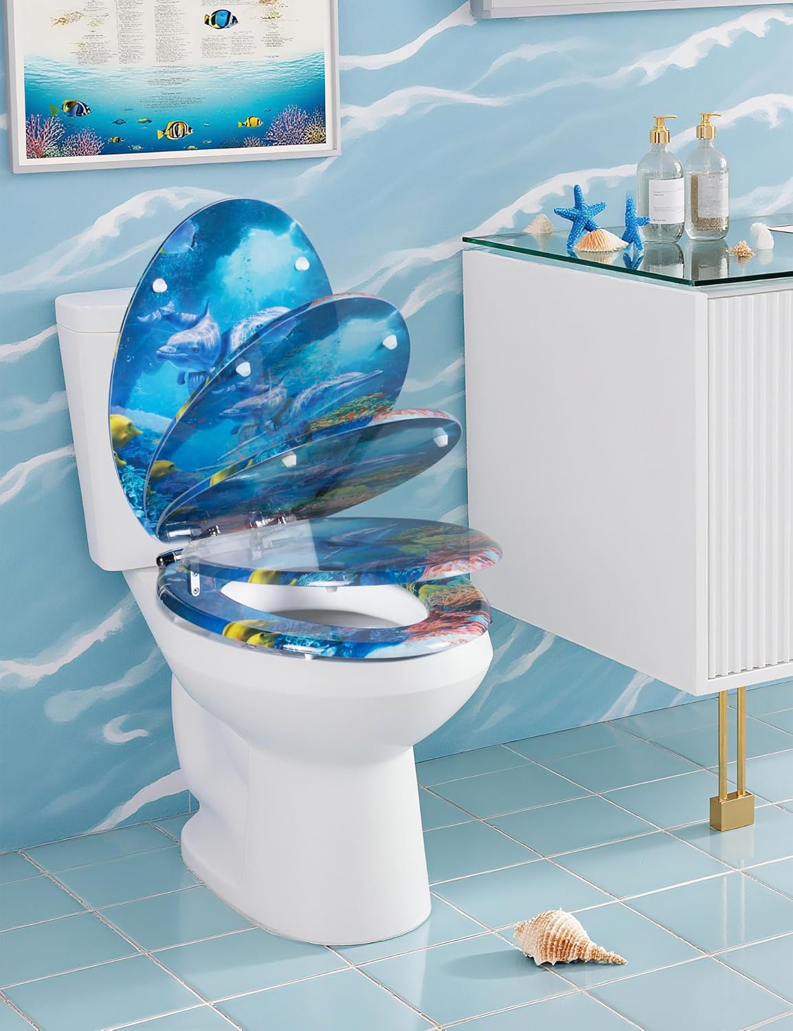 Angol Shiold Soft Close Wood Toilet Seat ELONGATED, Quiet and Slow Close Lid and Seat, Quick Release Easy Installation & Clean Hinges(18.5-inch, Blue Ocean Dolphins Family)