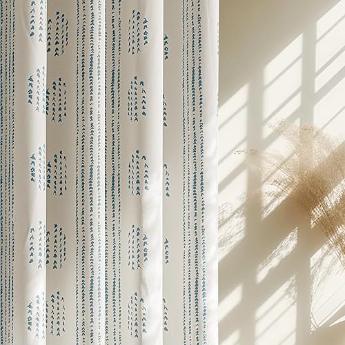100% Boho Blackout Curtains 84 Inches Long for Bedroom, Blue on Beige Patterned Bohemian Curtains for Living Room, Geometric Striped Thermal Insulated Window Drapes Gromment Top 2 Panels