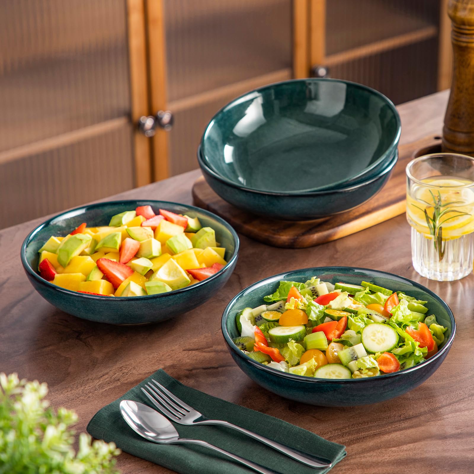 vancasso STERN 4 Cuencos para Pasta, 1140 ml, Ensaladas de Gres, Platos Hondos de Cena, Apto para Lavavajillas y Microondas, Esmaltado Reactivo Verde