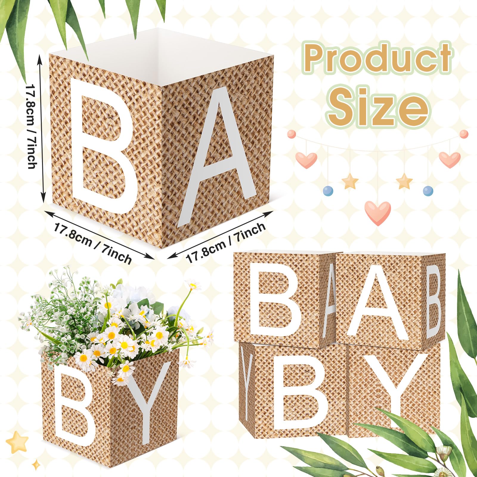 Noveread 6 Pcs Burlap Print Baby Shower Party Decorations Baby Flower Boxes Centerpiece Rustic Burlap Table Display with Letters for Gender Reveal Party Gender Neutral Shower Centerpiece Decor