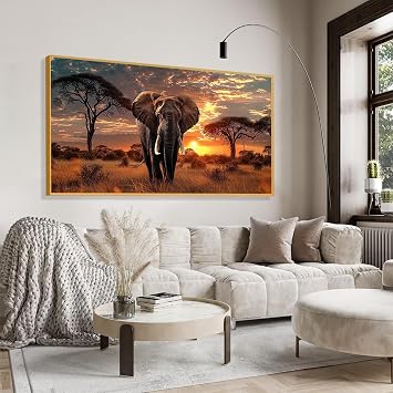 Elephant Canvas Wall Art, Elephant Pictures Wall Decor, African Wall Decor, African Wildlife Wall Art, Animal Wall Art, Jjungle Wall Art, Landscape Wall Art, African Wall Art for Living Room (Gold, 47x23 | 120x60cm)