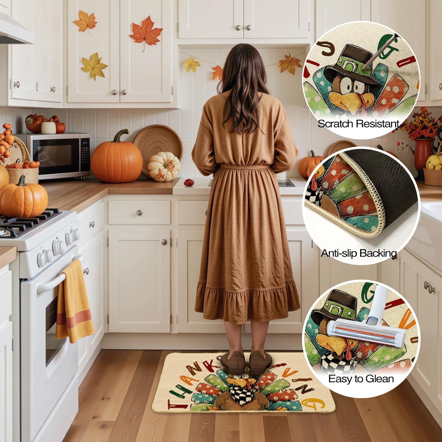 Mocsicka Thanksgiving Turkey Kitchen Rugs Set of 2, Fall Pumpkin Turkey Non Slip Kitchen Mats Home Decor Kitchen Floor Rugs for Hallway Laundry Room, 17"x30"+17"x47" (17"x30"+17"x47")