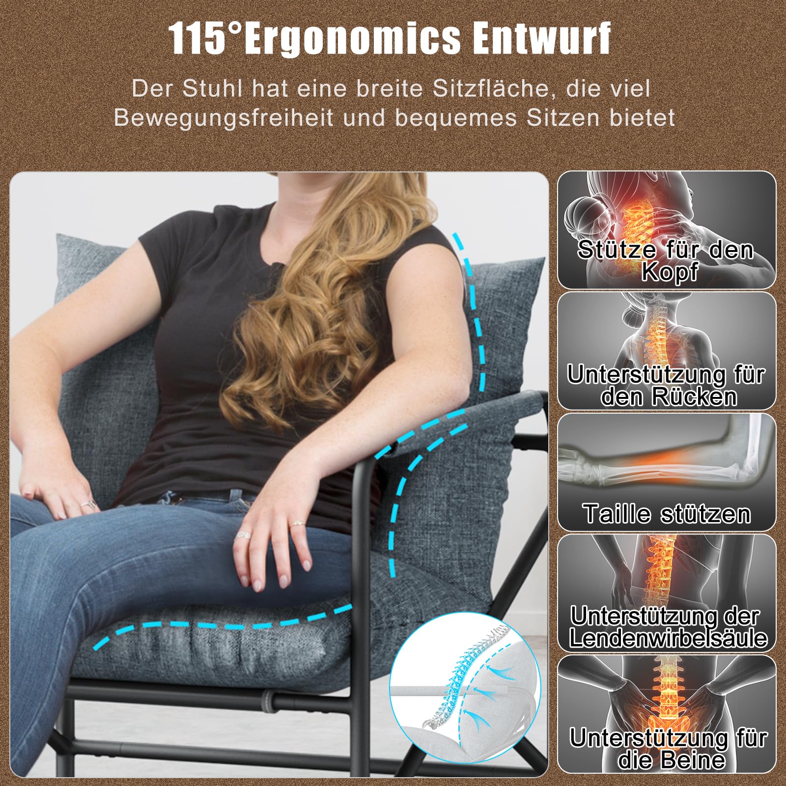 naspaluro Lounge Sessel mit Metallgestell, Moderner Sling Akzentstuhl mit Ergonomischen Kissen & Memory-Schaum, Gemütlicher Lesesessel für Wohnzimmer, Schlafzimmer, Ankleidezimmer, Dunkelgrau