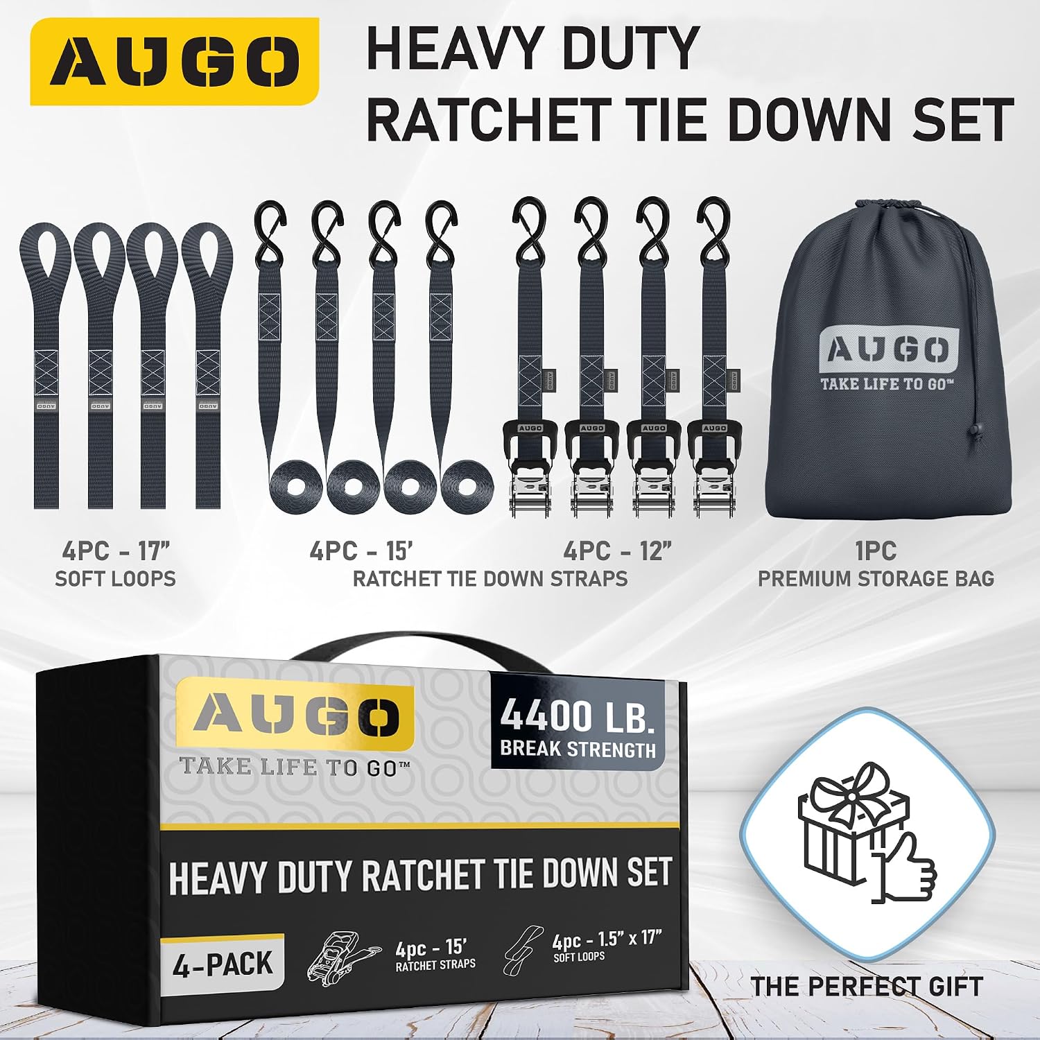 AUGO Heavy Duty Ratchet Straps & Soft Loops – Pack of 4 Extra Strong 1.5” by 15’ Ratchet Straps w/S-Hook Safety Latches & 4 Soft Loop Tie Downs – 4400Lb Break Strength for Motorcycles, ATVs, Etc. image 4