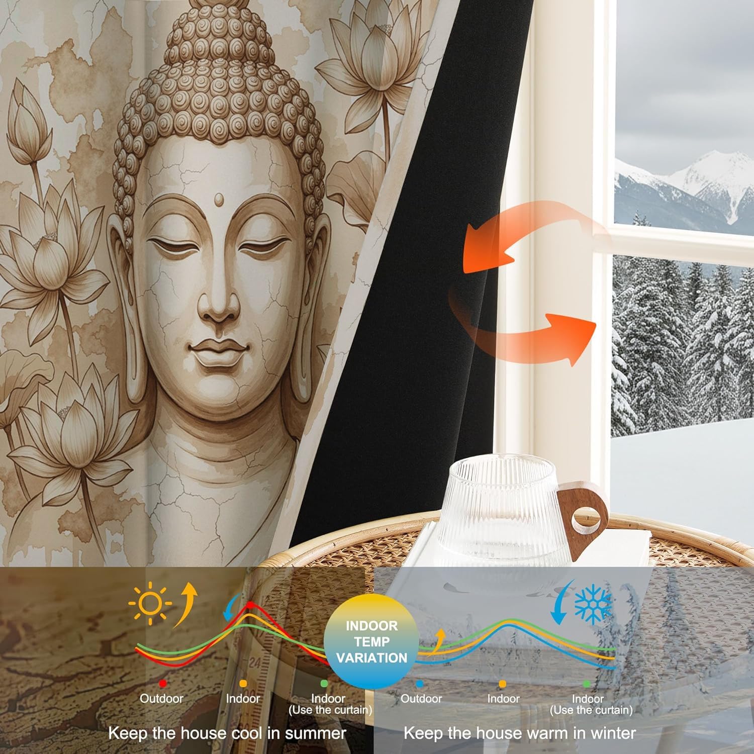 140 X 240 cm Tende da Zen disegnato a mano 2 pannelli | ragazzi bambini Silhouette Crepe motivo del fiore loto della statua del Buddha per ragazzi adolescenti, tendaggi per finestre Albicocca chiara