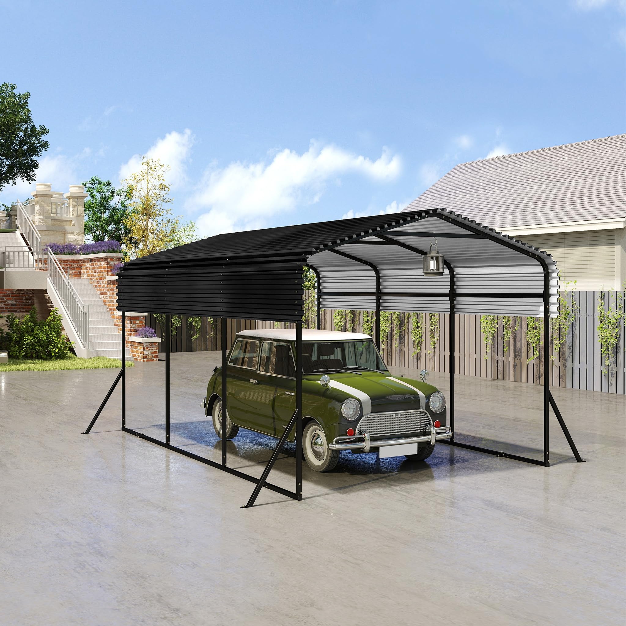 4,5x3x2,5m Carport für den Außenbereich, XL Zeltgarage aus Pulverbeschichte Stahlrohr & Dachblech, UV-Schutz & Wasserdicht Garagenzelt für Automobil, 13,5m² Freistehend Gartenlauben für Party