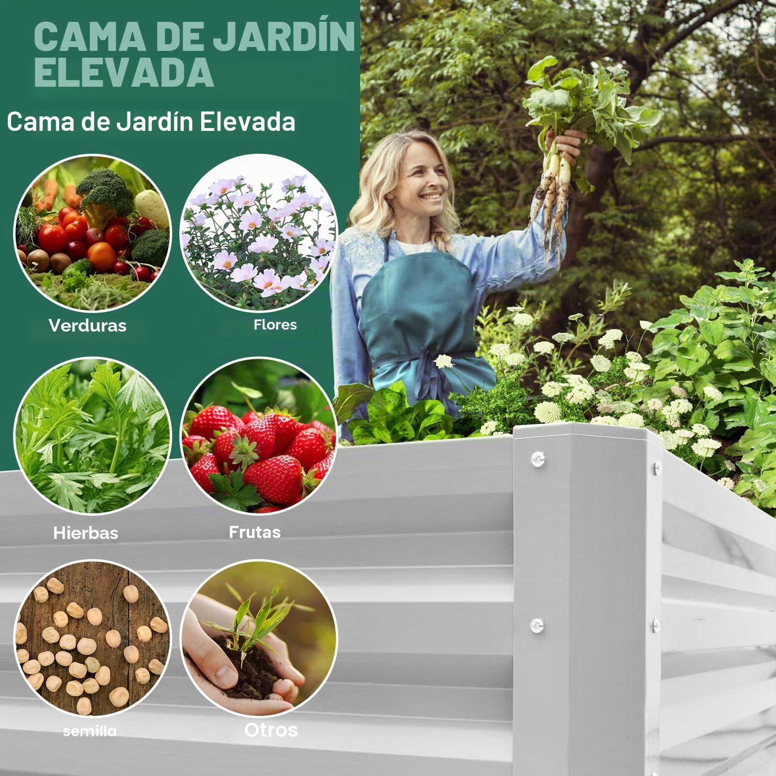 Bancal alto de metal 180 x 90 x 30 cm, acero galvanizado para el jardín, jardinero, jardinera, jardinera elevada para verduras, hierbas, flores, jardín, plata, rectángulo