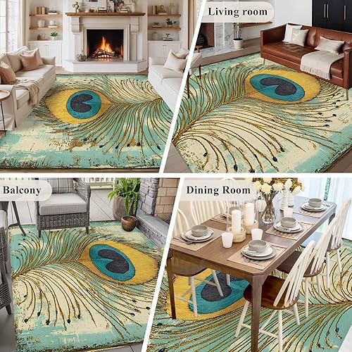 Miniatura 6 de 5x7 Area Rugs, Teal Peacock Feathers Non-Skid Rubber Backing Large Rectangle Rugs - Living Room Bedroom Home Office, Retro Abstract Art Watercolor