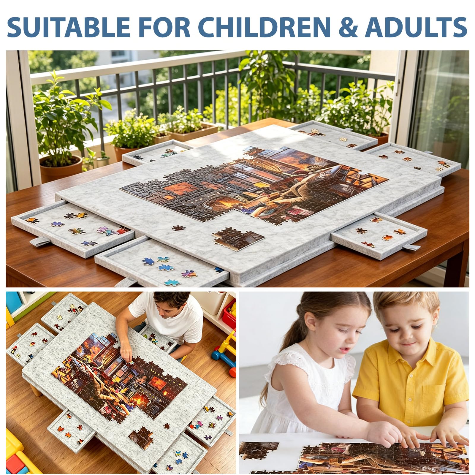 Deska do puzzli z 6 szufladami, nachylony stół puzzli | 1500 elementów filcowych puzzli, deska do puzzli ze stojakiem 2 w 1 i pokrywą, lekka i przenośna dla dorosłych i dzieci