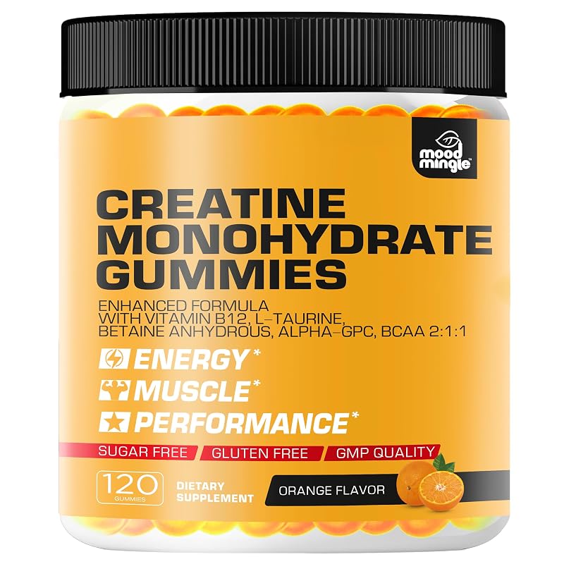 Mood Mingle Gomas de Creatina Monohidratada com Vitamina B12, L-Taurina, Betaína Anidra, Alpha-GPC e BCAA 2:1:1, 250 mg por porção, 120 gomas