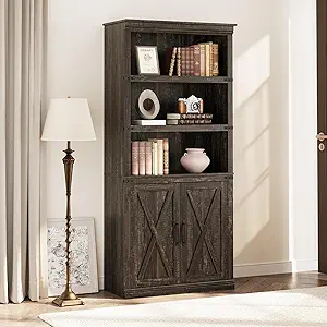 GAOMON Farmhouse Bookcases with Doors, 5 Tier Bookshelf with Storage, 70 inch Tall Bookshelf and Bookcase, Wooden Storage Cabinet for Living Room, Home, Office, Bedroom (Dark Oak)