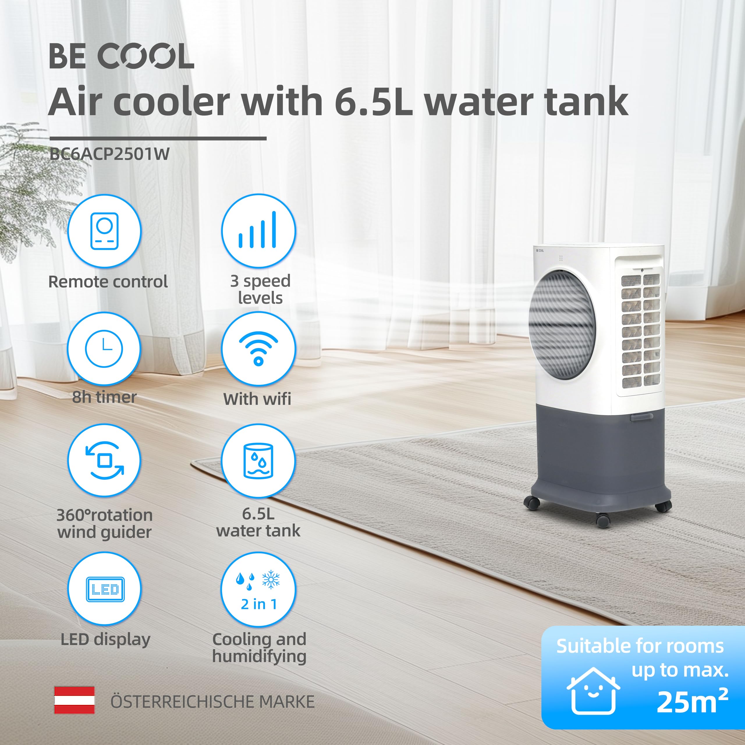 BE COOL Premium Luftkühler BC6ACP2501W mit WiFi, 6,5L Wassertank, 340 m³/h Luftleistung, Timer, Fernbedienung, LED-Display, 3 Modi, mobil, leise (≤50dB)