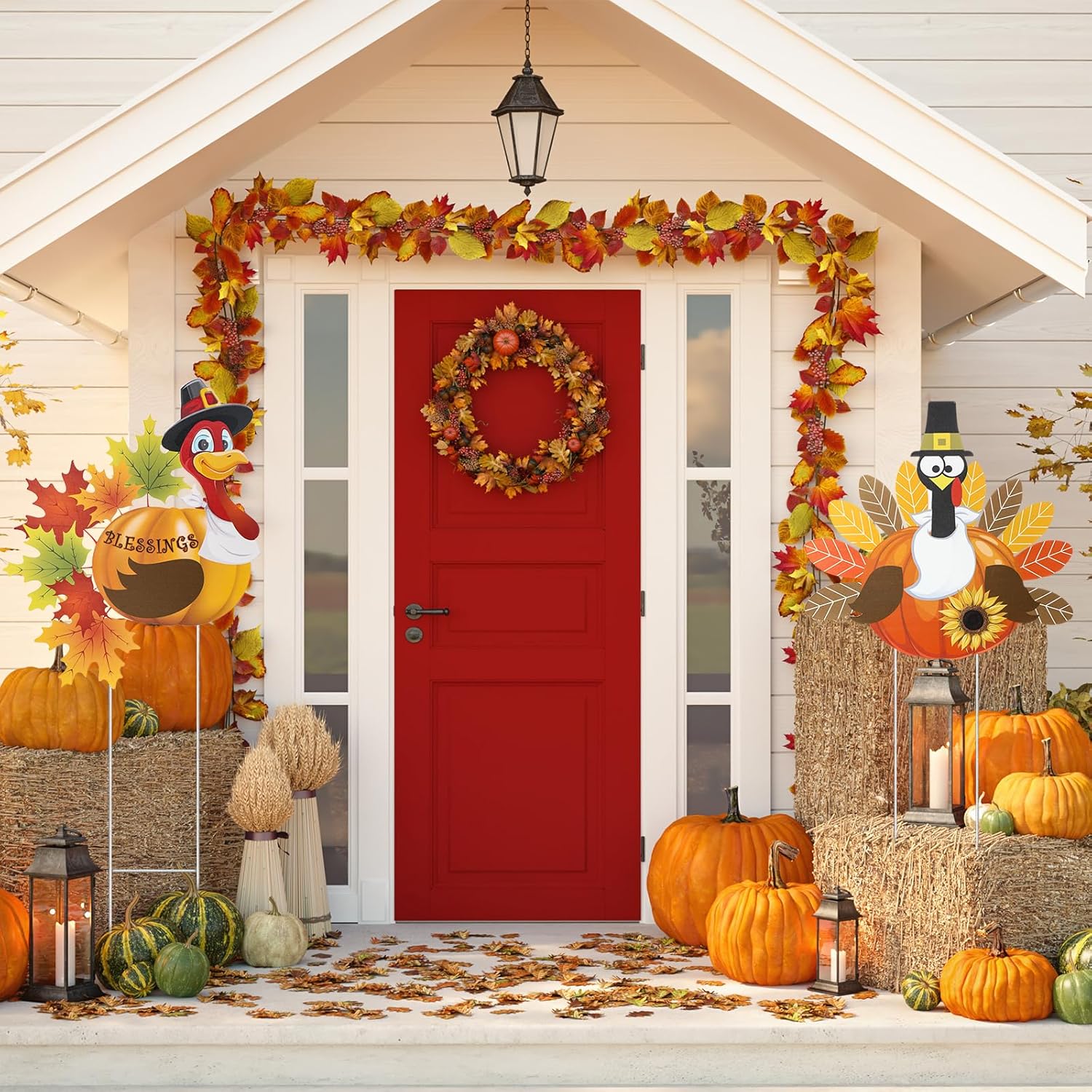 Sosation 4 Pack Thanksgiving Outdoor Decorations, Metal Turkey Yard Stakes with Pumpkin and Welcome Signs, Fall Harvest Thanksgiving Yard Decorations for Lawn, Garden, Porch, Pathway, Patio