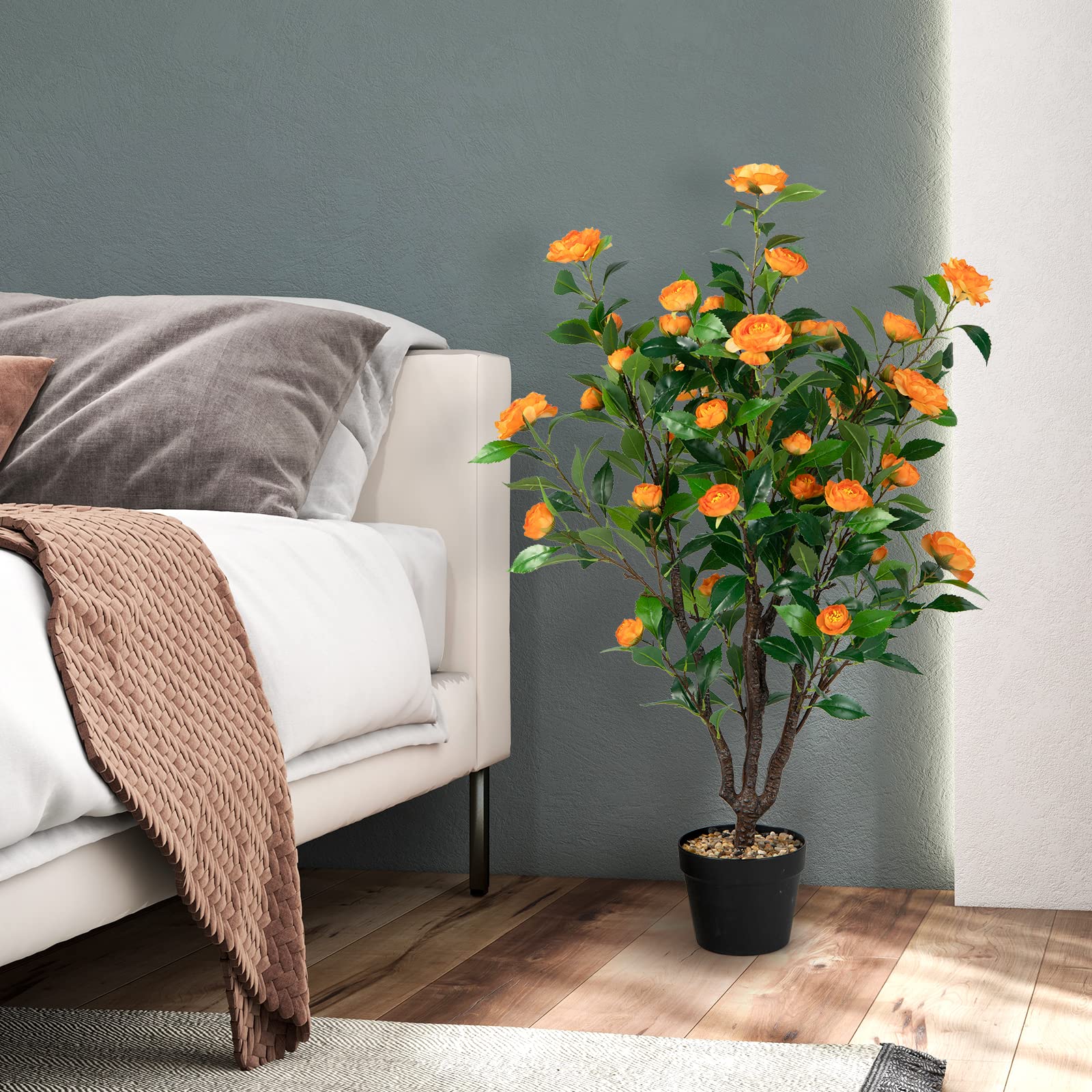 DREAMADE Faux Camellia Tree 40’’, Artificial Plant in Cement-Filled Pot w/ 37 Flowers, 3 Trunks, Fake Tree for Indoor Outdoor Home Office Living Room Porch Decoration