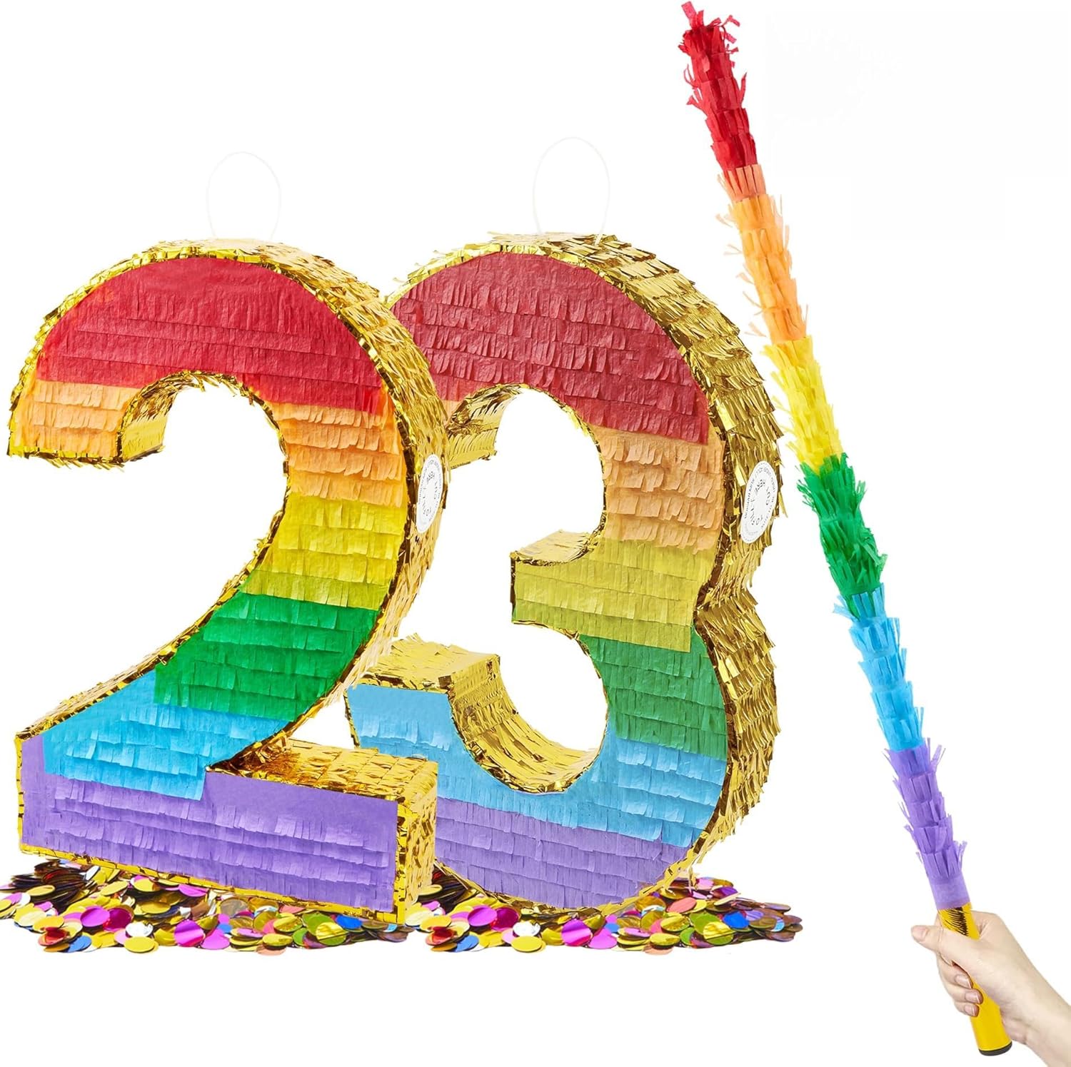 PCFING 20 Inch Number 2 Piñata Bundle with Number 3 Piñata Rainbow with 30 Inch Piñata Stick Blindfold Confetti for Boy Girl Kids Birthday Party Decorations, Anniversary Celebration, Fiesta