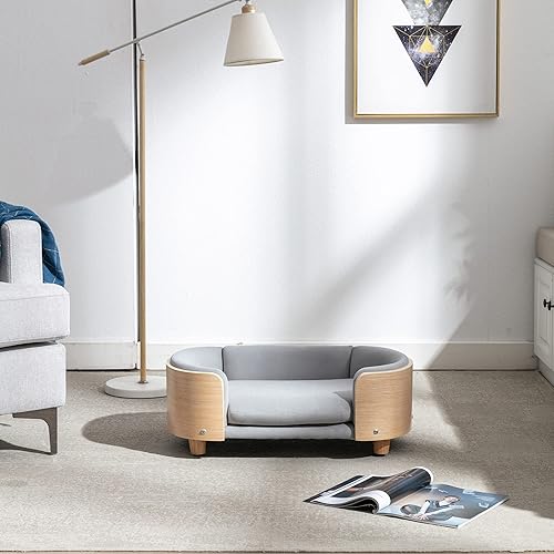 Miniatura 2 de Cama elevada para perros de estilo escandinavo con marco de madera maciza, sofá ortopédico para mascotas con funda extraíble lavable, muebles para