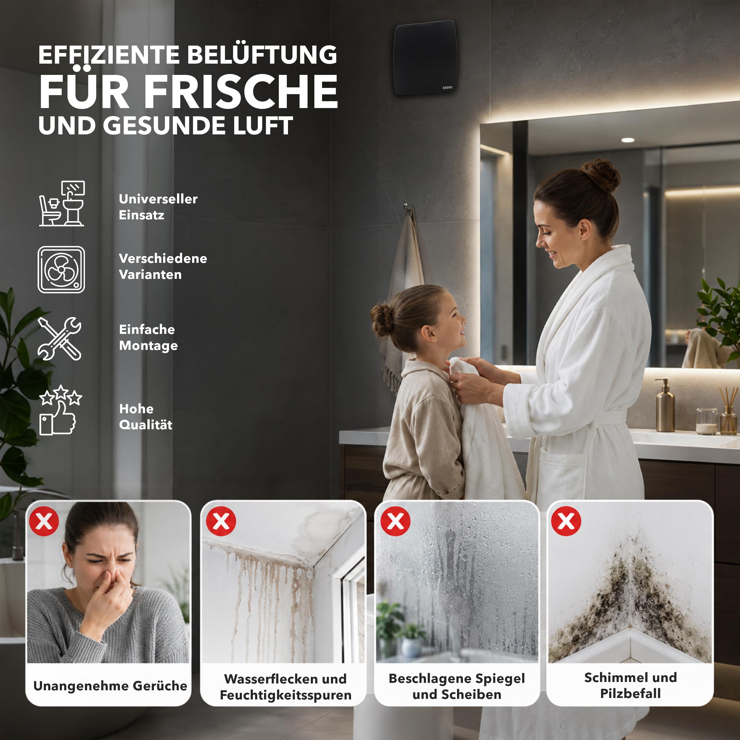 EBERG AXI 100 BHT Badventilator 100 mm schwarz mit Hygrostat, Timer und Rückschlagklappe, leiser Abluftventilator mit Kugellager für Bad und WC, Wand- und Deckenmontage