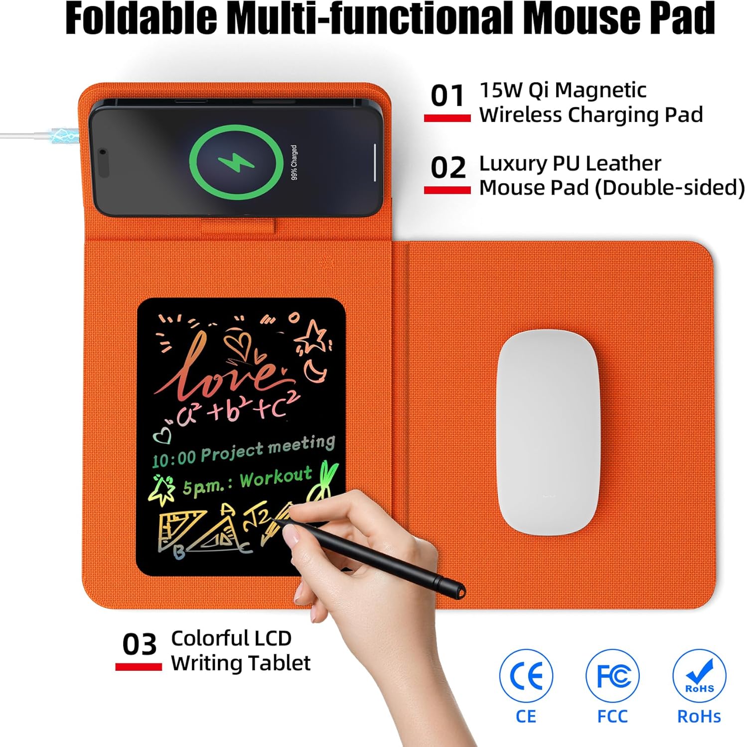 Foldable Wireless Charging Mouse Pad with LCD Writing Tablet,15W Qi Magnetic Fast Charging Mouse Mat,Multi-functional PU Leather Charging Pad for iPhone Samsung iWatch,Portable Office Home Accessories