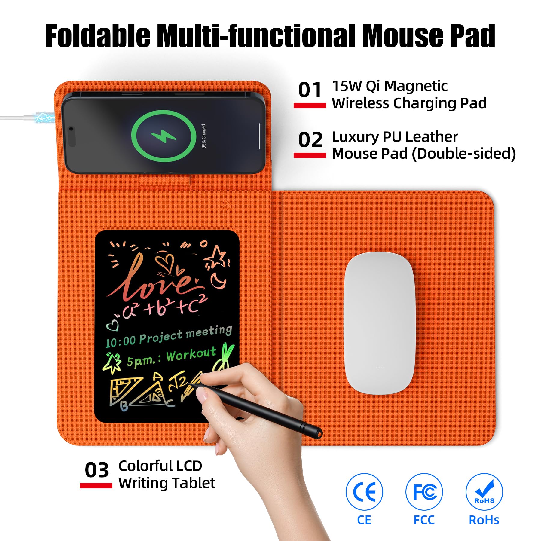 Tappetino per mouse con ricarica wireless con tablet LCD, superficie pieghevole in pelle antiscivolo, caricabatterie rapido magnetico da 15 W per iPhone/Apple Watch/Samsung Galaxy Watch/S più