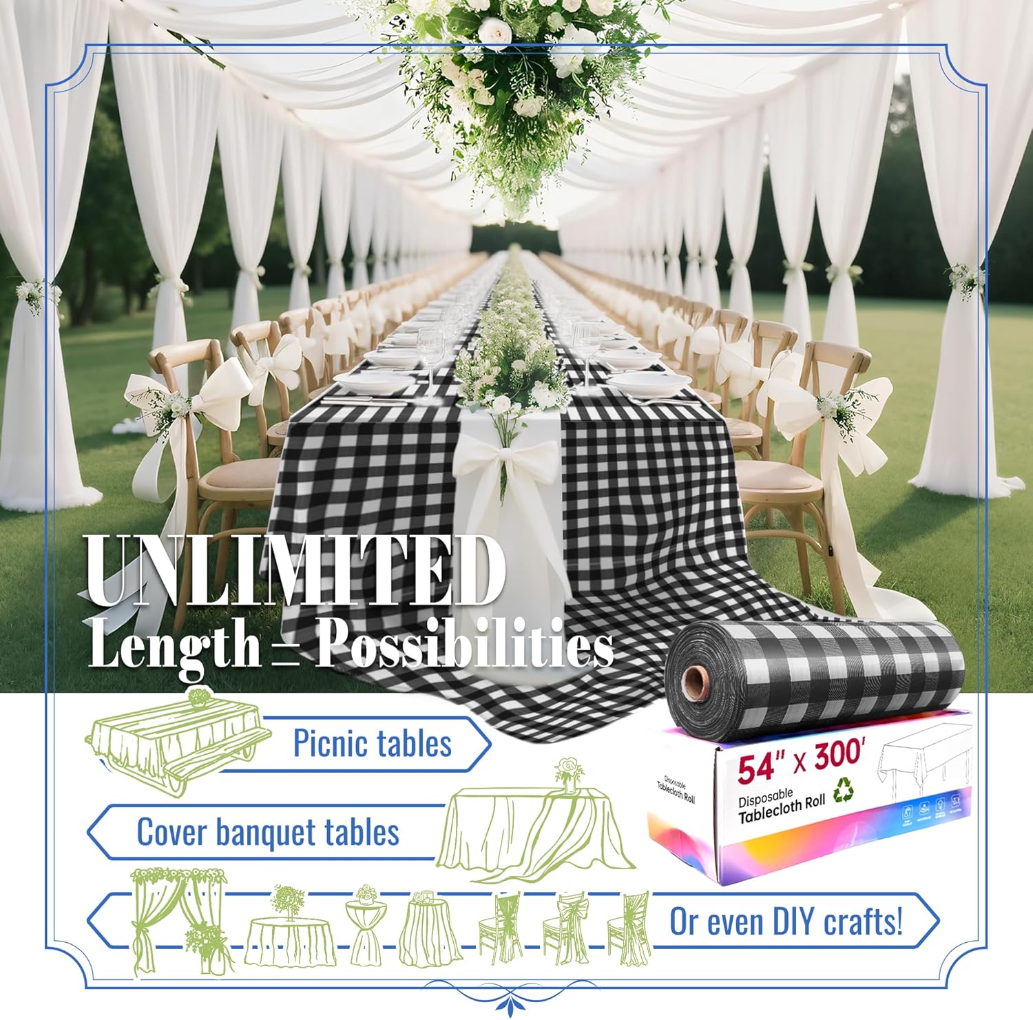 Plastic Table Cloth Disposable, 54In X 300Ft Table Cover Roll, Disposable Tablecloth with Slide Cutter for Rectangle Round Tables, Party Tablecloths for Birthday, Wedding, Picnic, Party (Black Plaid) - Image 2
