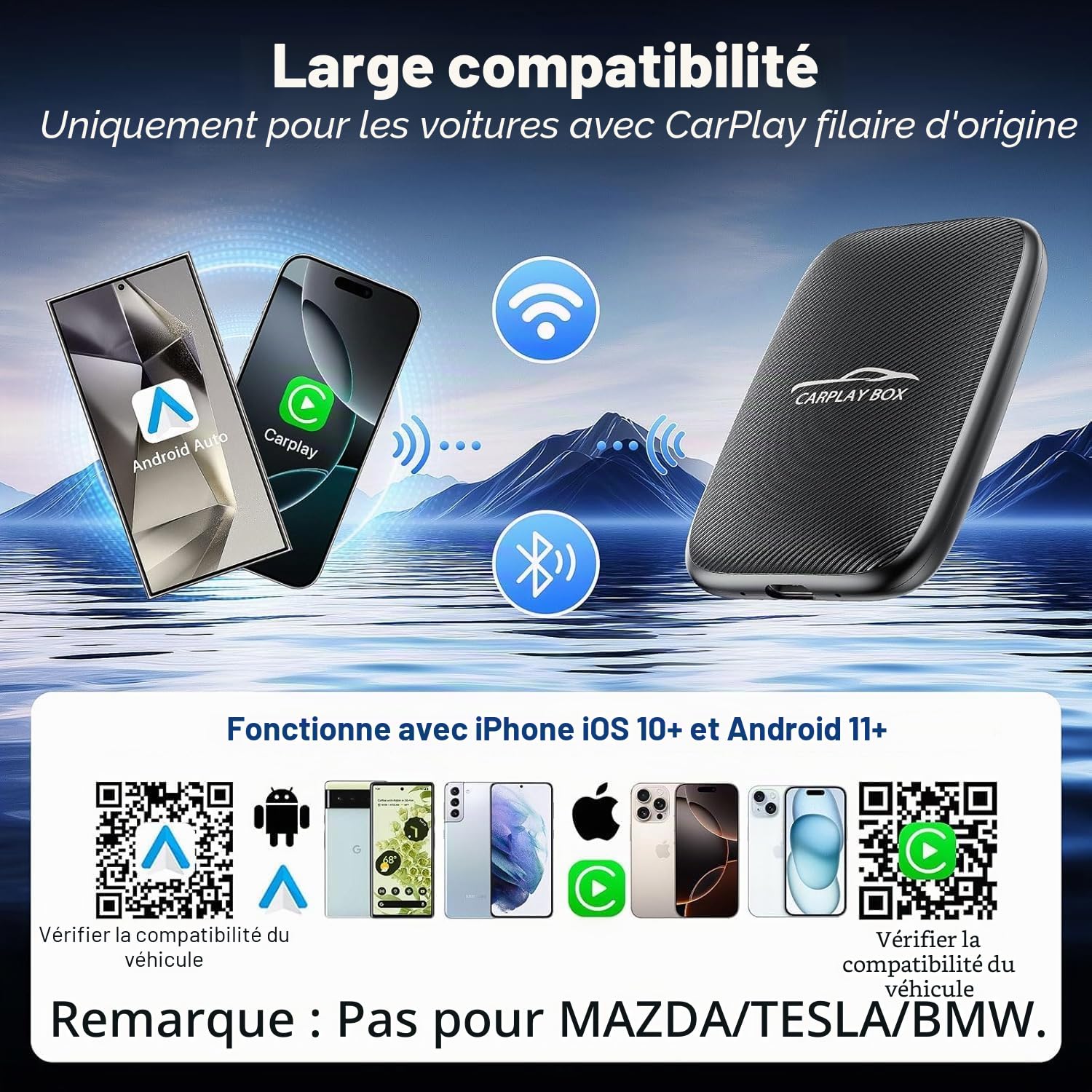 Adaptateur sans fil 5-en-1 CarPlay et Android Auto,Adaptateur CarPlay sans fil avec Netflix, YouTube et carte TF,Plug & Play,Magic Video Ai Box pour véhicules équipés d'Apple CarPlay filaire d'origine
