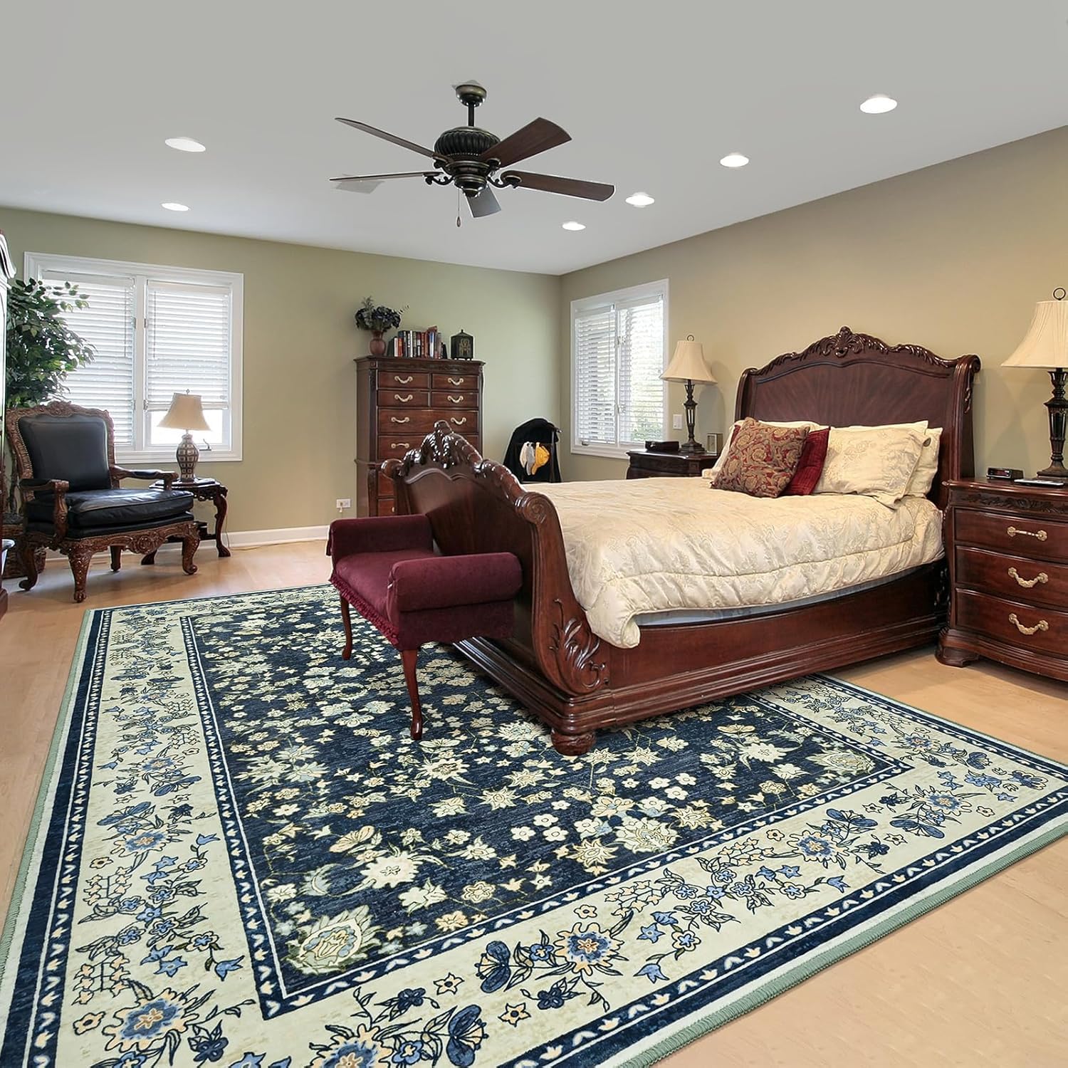 Tapis de cuisine lavable et antidérapant bleu traditionnel