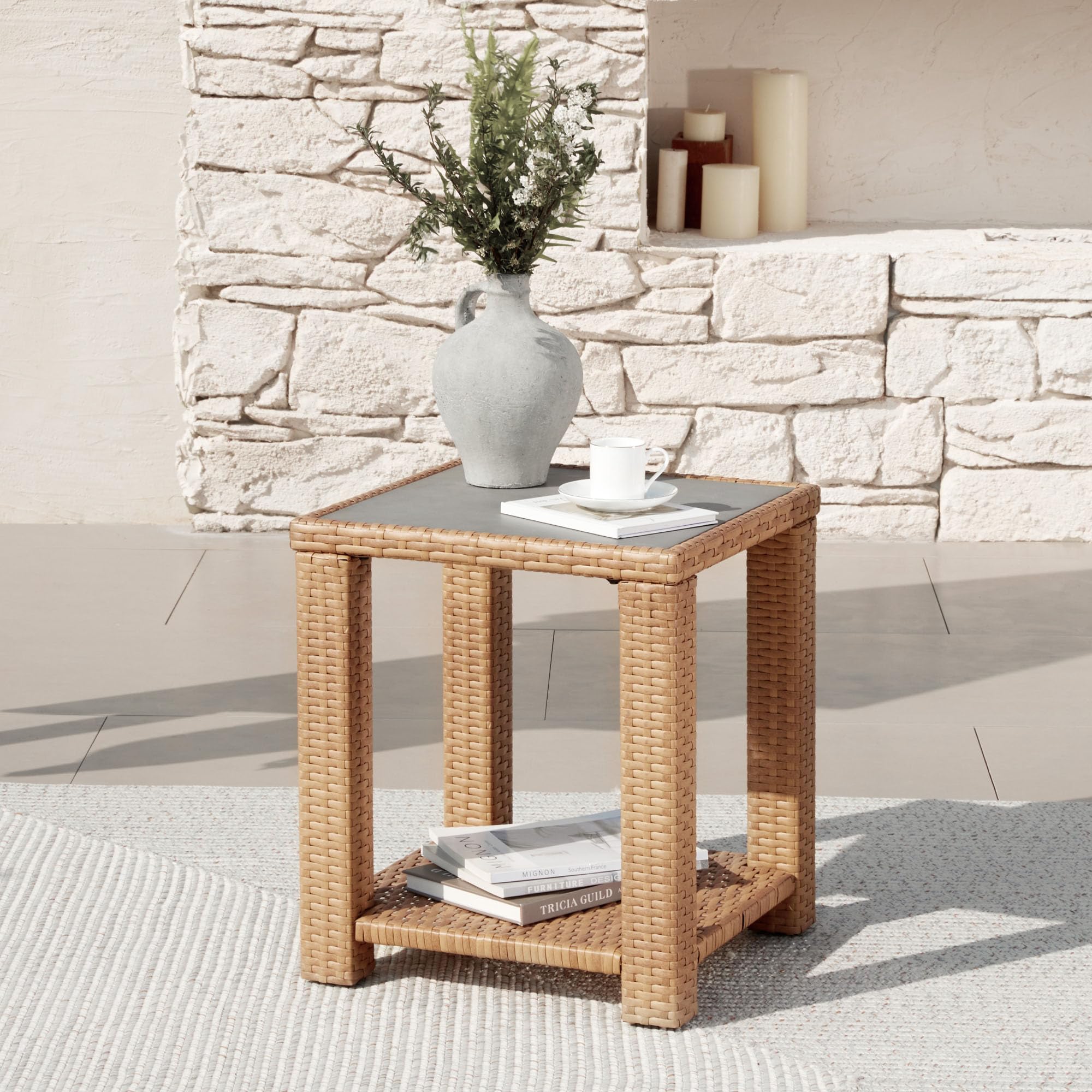 CHITA Patio Wicker Rattan Side Table with Adjustable Foot Leveler, Outdoor Square End Table with Cement Panel Top, Light Brown