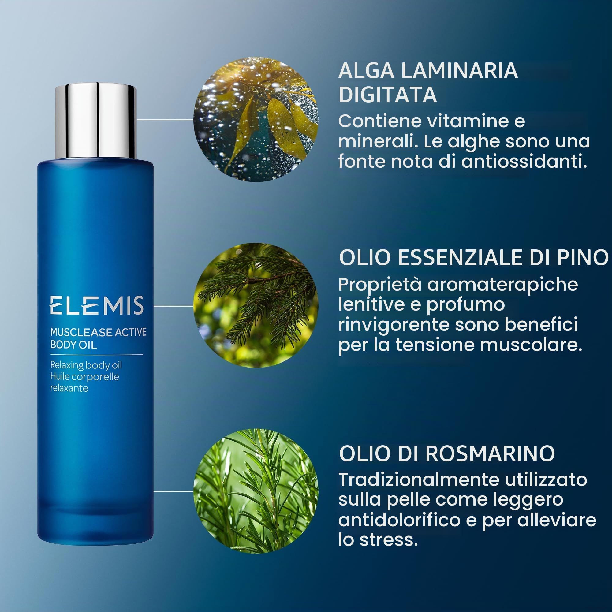 ELEMIS Musclease Active Body Oil, Olio Corpo Rilassante 100ml | Olio corpo leggero con rosmarino, pino e alghe, a rapido assorbimento, per rigenerare la pelle e calmare i sensi