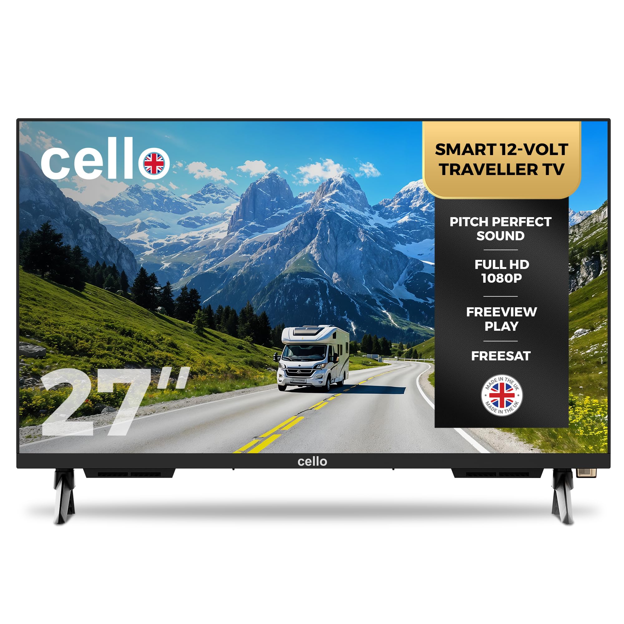 Cello C2725WS Trav 27 Zoll 12V Smart Traveller TV, 230V, WebOS, Freeview Play, Perfect Pitch Sound, ideal für Wohnwagen und Wohnmobile, hergestellt in Großbritannien